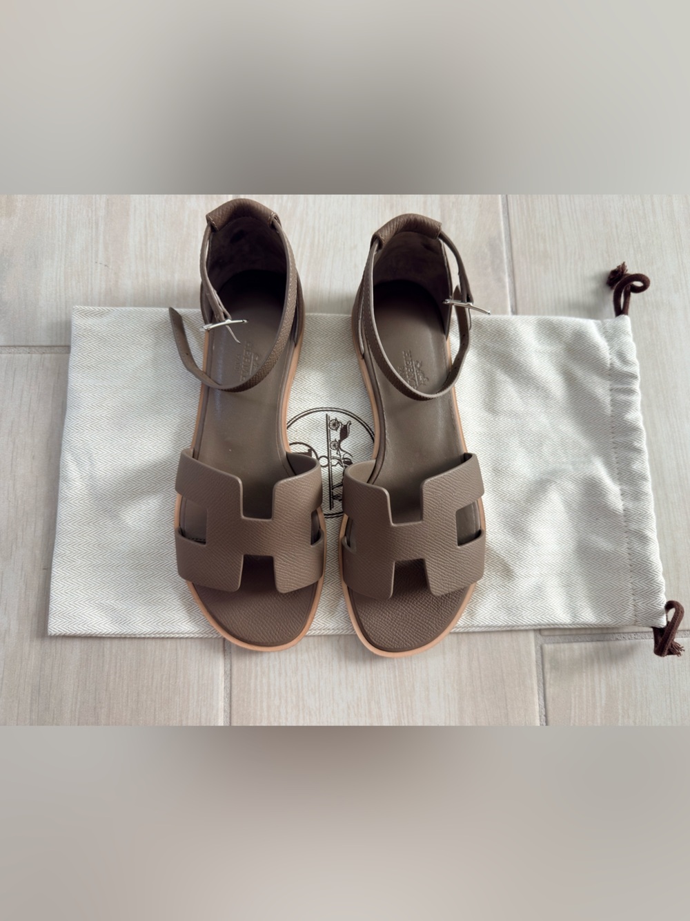 Hermes  Oran Taupe Brown Leather H Sandals with Ankle Strap